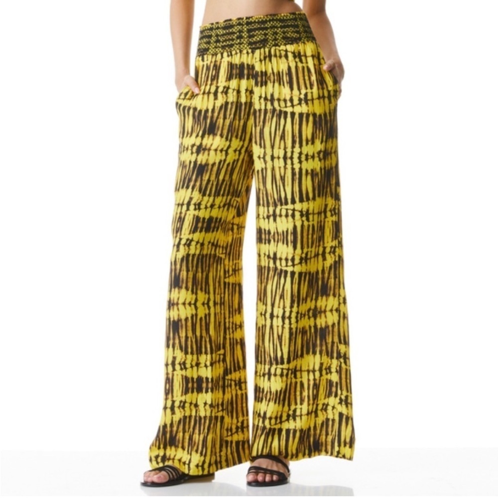 Alice + Olivia Russell Tie Dye Yellow Black Wide Leg Smocked pants size xs